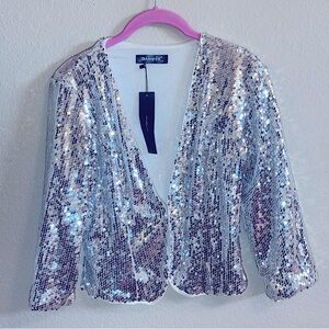 NWT Allegra K Silver Sequin 3/4 Sleeve Open Front Blazer Jacket XS